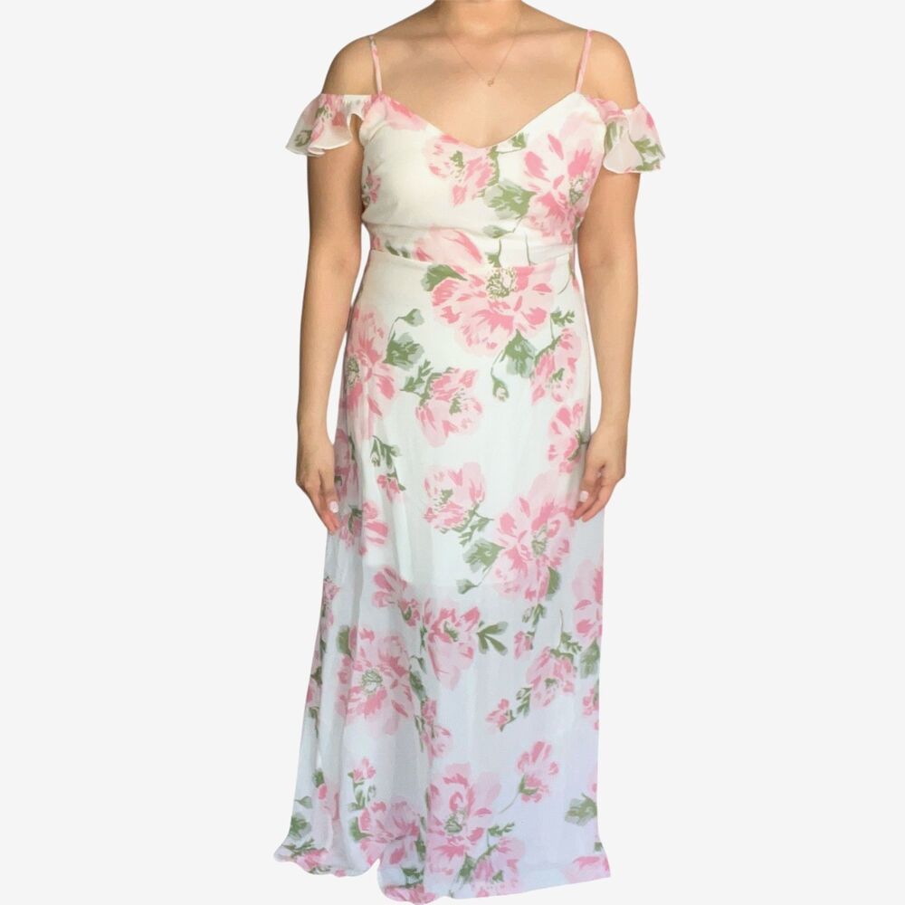 Chocolate USA Midi Dress Pink Floral Large Off The Shoulder Flutter Sleeveless